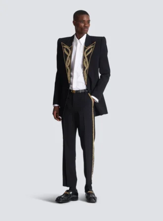 Pantaloni sartoriali dritti in crêpe ricamato