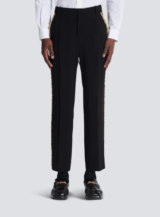 Pantaloni sartoriali dritti in crêpe ricamato Pantaloni sartoriali dritti in crêpe ricamato