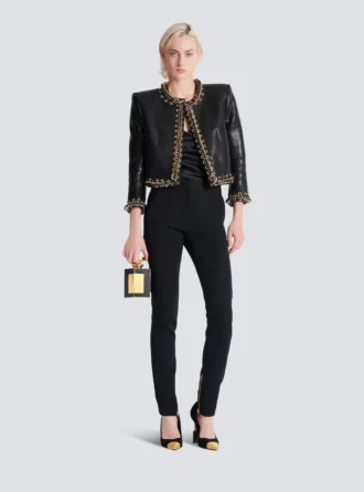 Pantaloni slim fit con zip in pelle grain de poudre Pantaloni slim fit con zip in pelle grain de poudre