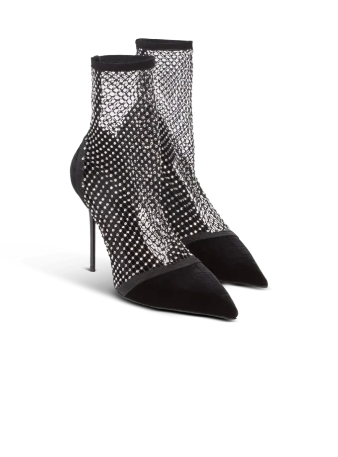 Stivaletti con tacco in rete con velluto e strass Stivaletti con tacco in rete con velluto e strass