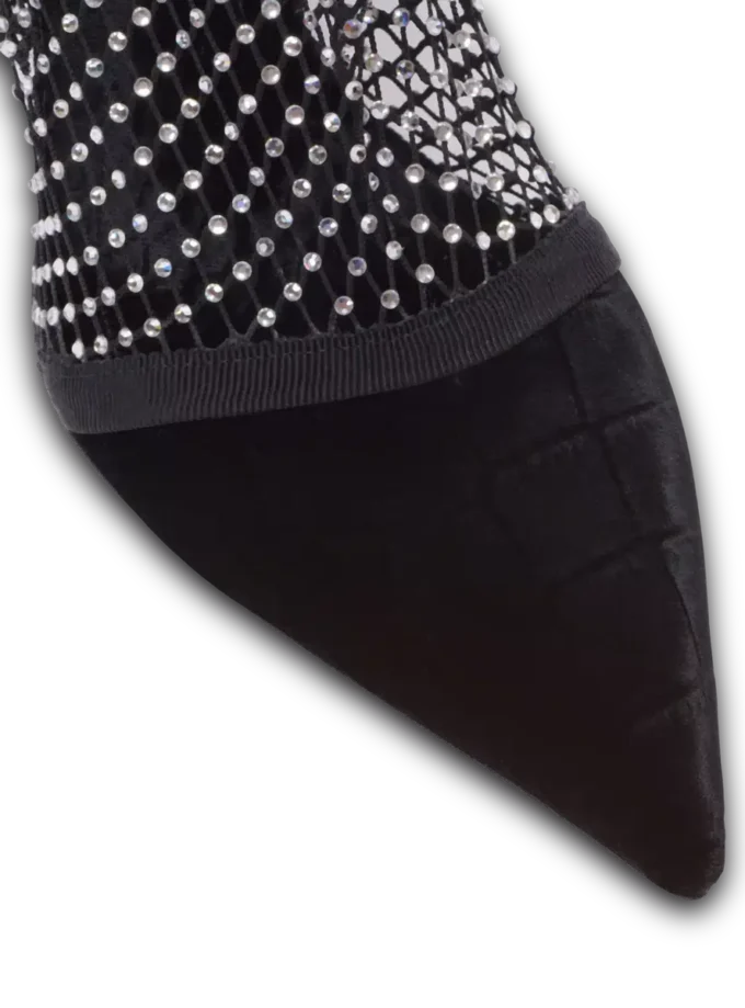 Stivaletti con tacco in rete con velluto e strass Stivaletti con tacco in rete con velluto e strass