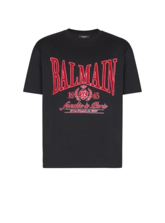 T-shirt a maniche corte con stampa floccata Balmain College