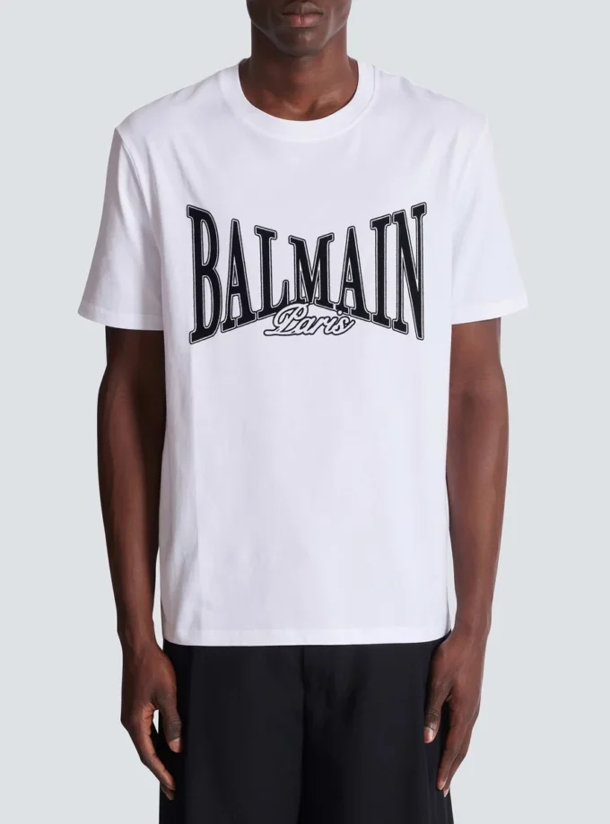 T-shirt a maniche corte con stampa floccata Balmain College