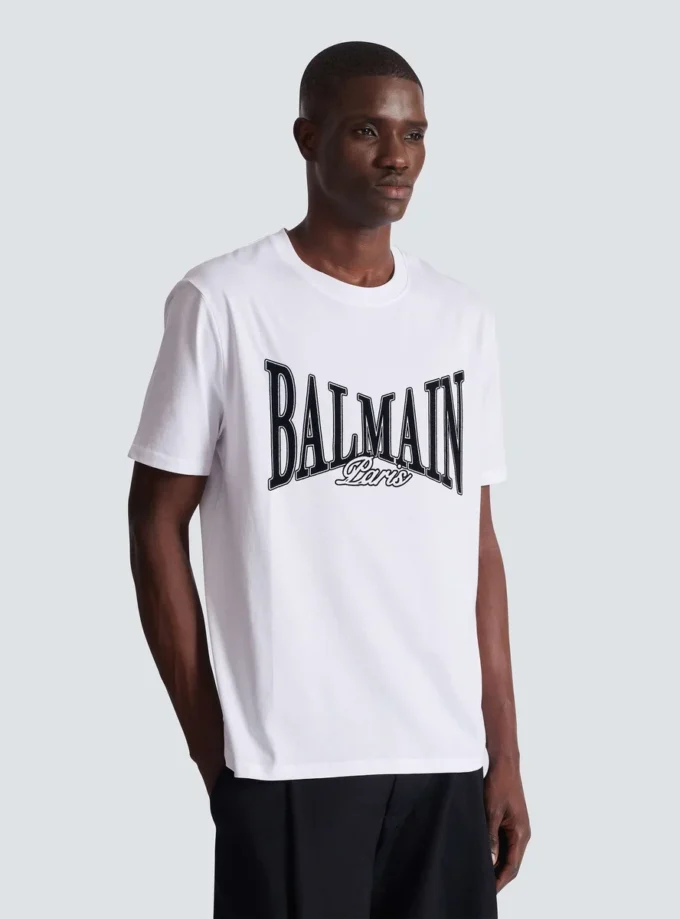 T-shirt a maniche corte con stampa floccata Balmain College