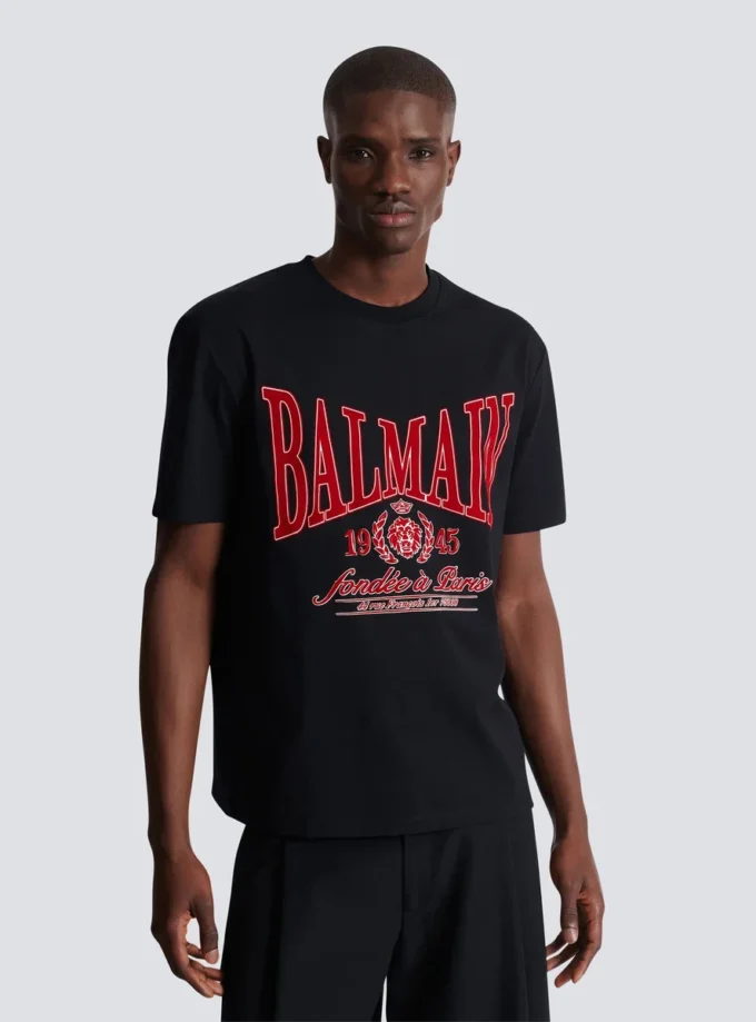 T-shirt a maniche corte con stampa floccata Balmain College T-shirt a maniche corte con stampa floccata Balmain College