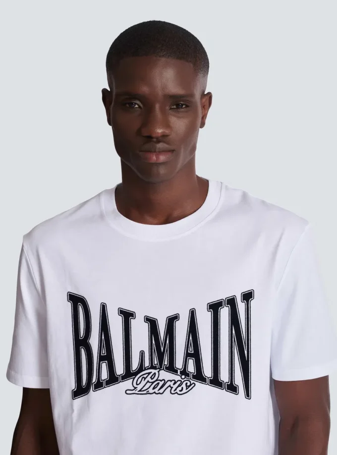 T-shirt a maniche corte con stampa floccata Balmain College
