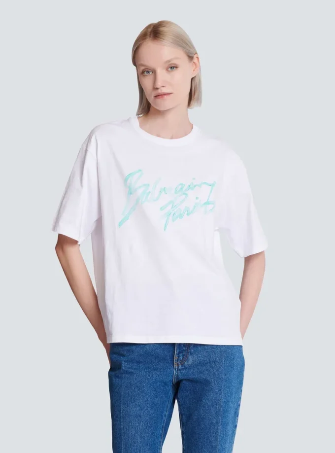 T-shirt squadrata con stampa Balmain Paris Brush T-shirt squadrata con stampa Balmain Paris Brush