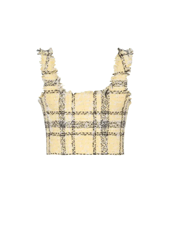 Top corto in tweed a quadri glitterato