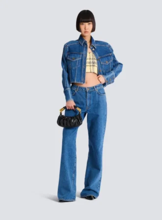 Top corto in tweed a quadri glitterato