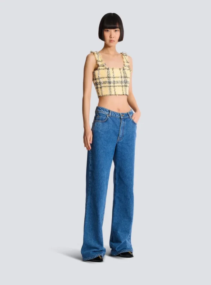 Top corto in tweed a quadri glitterato
