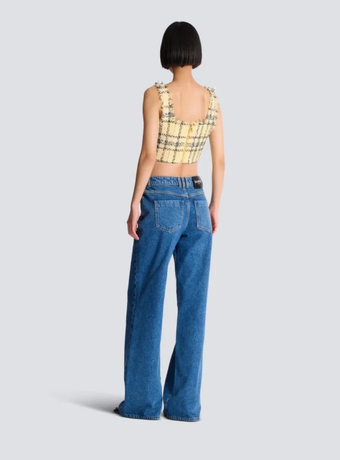 Top corto in tweed a quadri glitterato