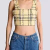 Top corto in tweed a quadri glitterato