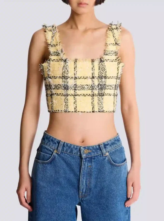 Top corto in tweed a quadri glitterato