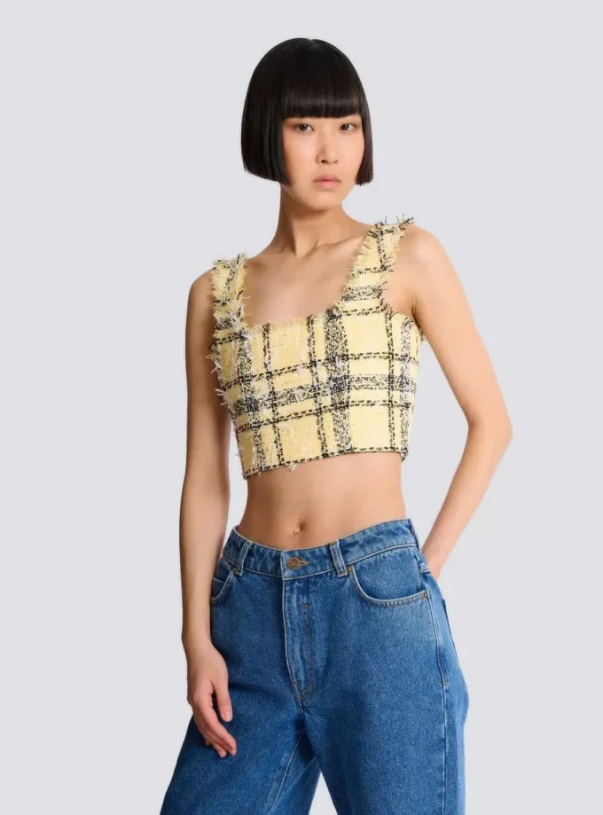 Top corto in tweed a quadri glitterato