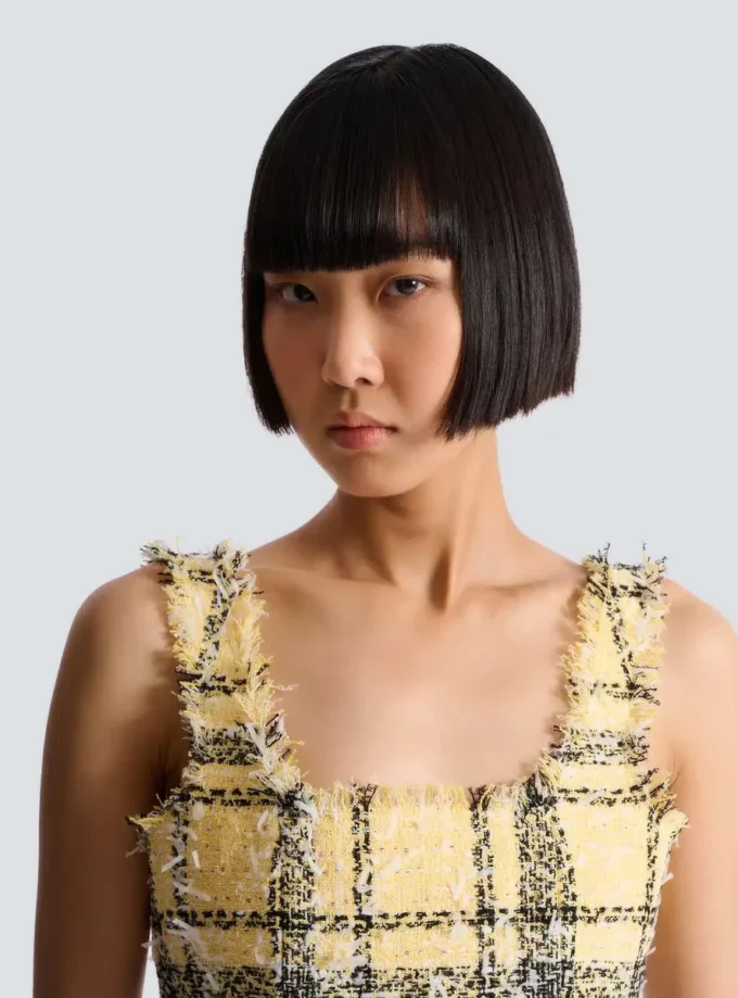 Top corto in tweed a quadri glitterato