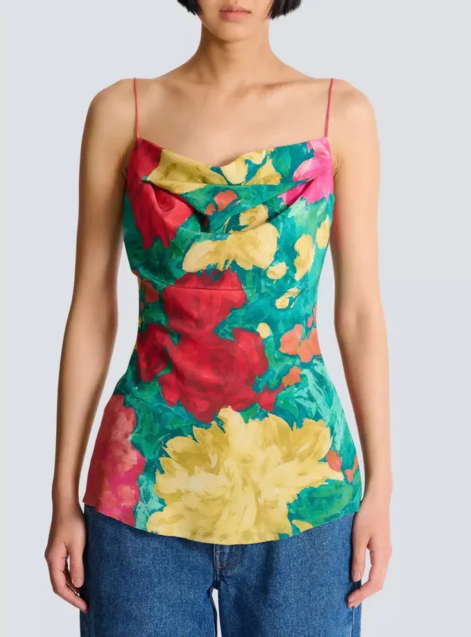 Top in crêpe de Chine stampato con spalline sottili