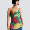 Top in crêpe de Chine stampato con spalline sottili