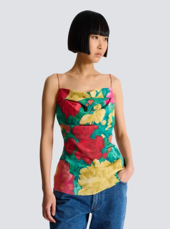 Top in crêpe de Chine stampato con spalline sottili