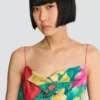 Top in crêpe de Chine stampato con spalline sottili