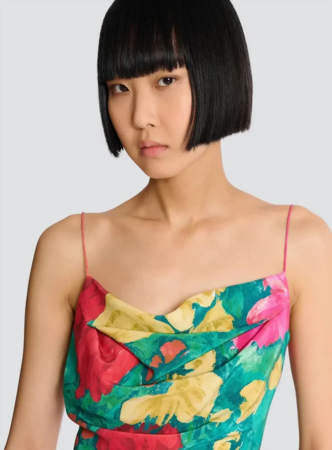 Top in crêpe de Chine stampato con spalline sottili