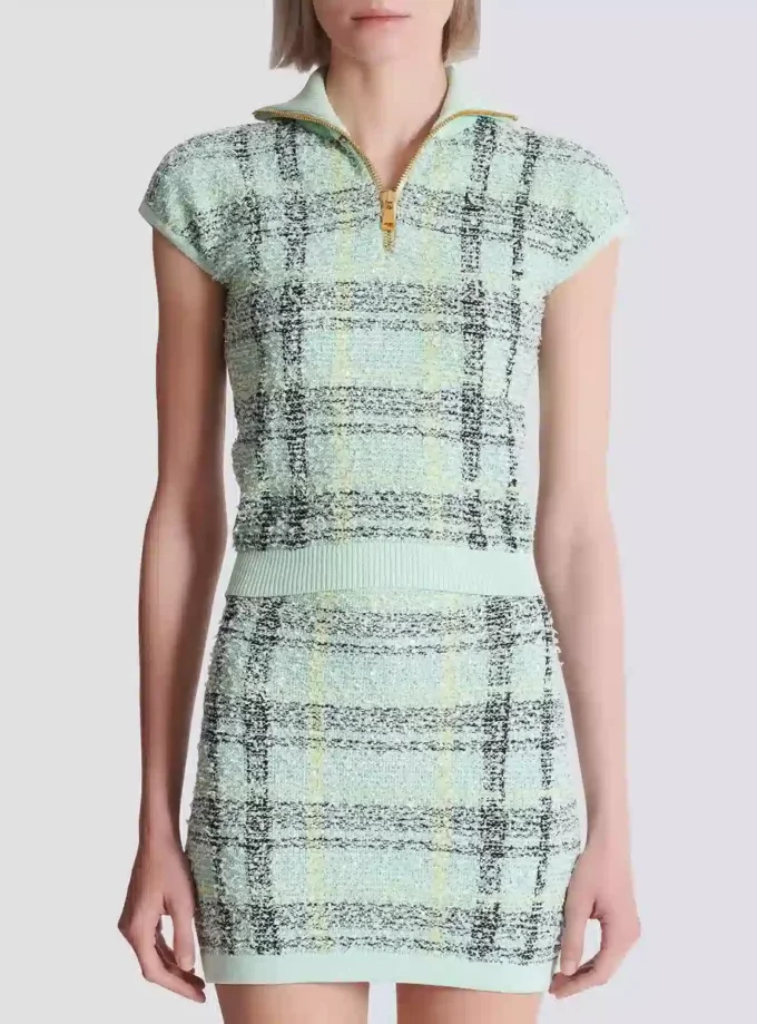Top senza maniche in tweed a quadri Top senza maniche in tweed a quadri