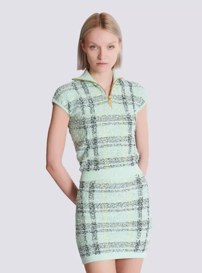 Top senza maniche in tweed a quadri Top senza maniche in tweed a quadri