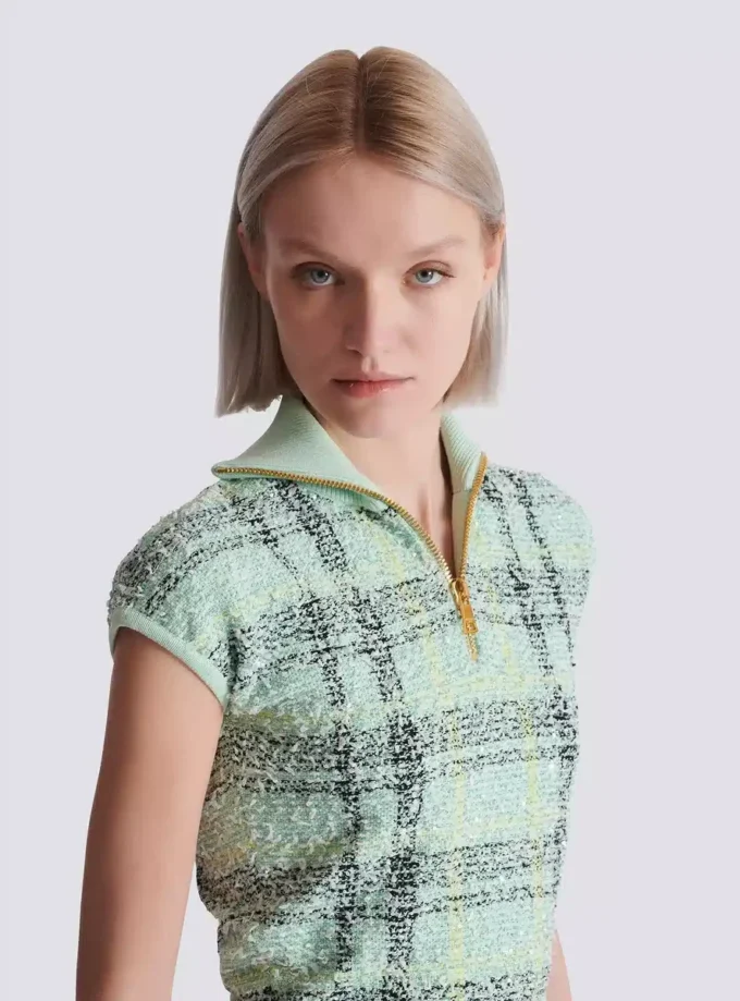 Top senza maniche in tweed a quadri Top senza maniche in tweed a quadri